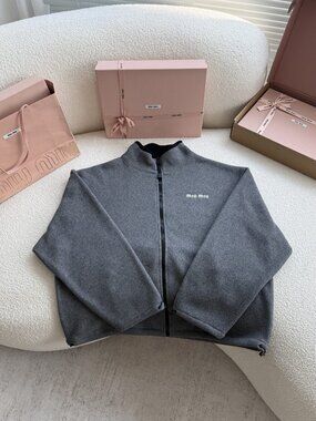 MIU MIU SS24 Stand Collar Zipper Jacket for Women, Grey